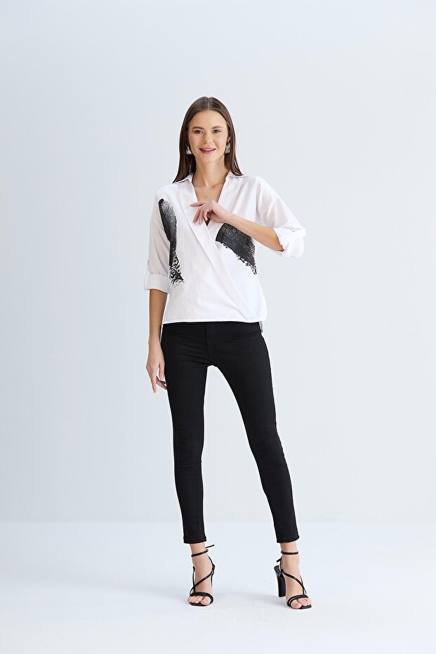 White Double Breasted Collared Shirt - 2