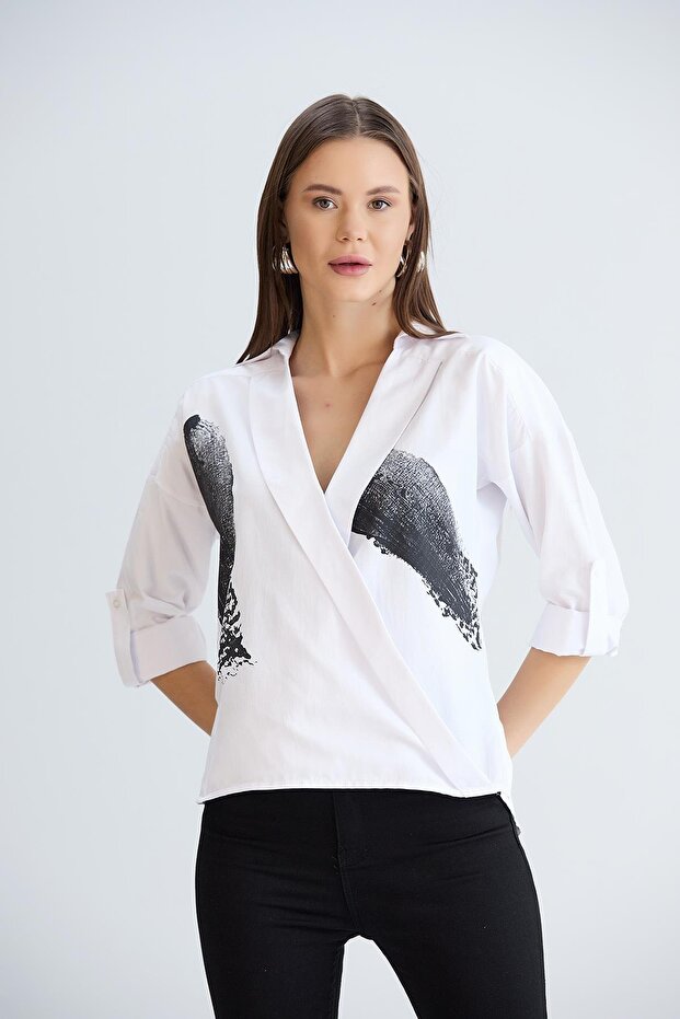 White Double Breasted Collared Shirt - 1