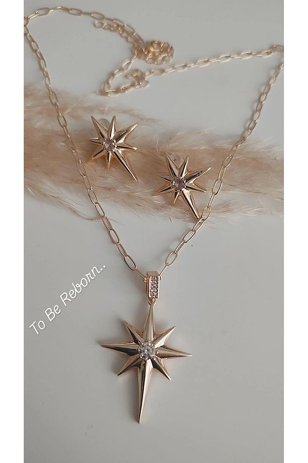 Tek Taşlı Kuzey Yıldızı Set Küpe kolye - 1