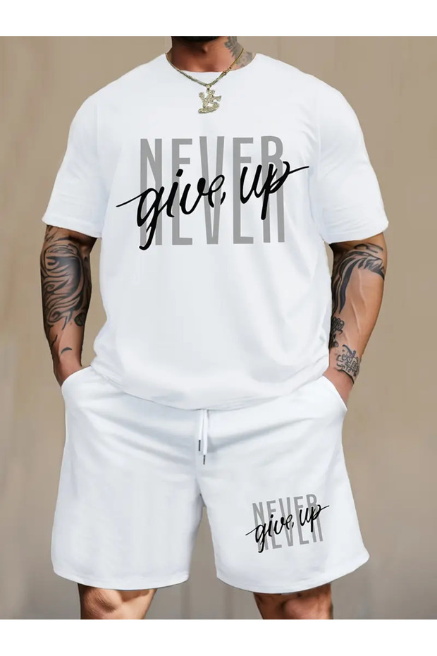 Never Give up Printed Unisex T-Shirt Shorts Bottom Top Suit