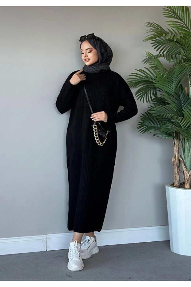 Fitilli Triko Elbise Siyah - 3