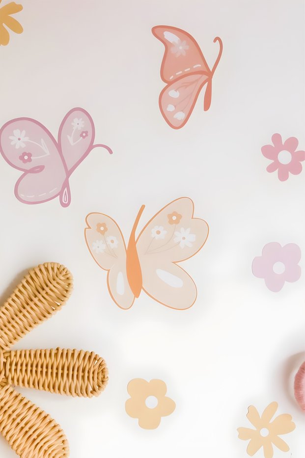 Butterfly and Flower Wall Sticker - Soft Colorful Butterfly and Flowers Kids Room Wall Sticker