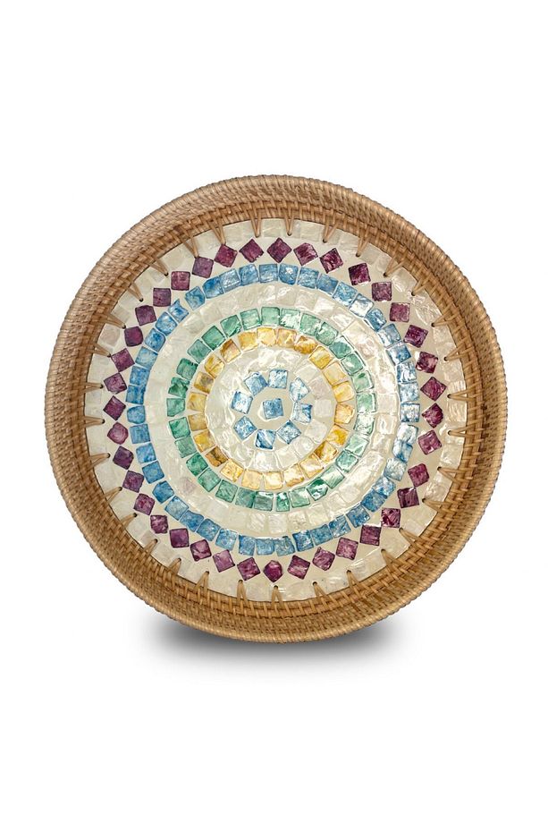 Colourful Design Sedef Kaplama Yuvarlak Rattan Tepsi - 1