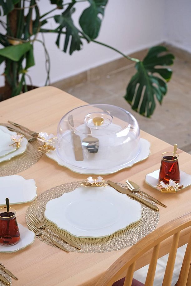 Dolmabahçe Lotus Krem Altın Yaldızlı 6 Kişilik Cam Servis Tabağı Takımı - 5