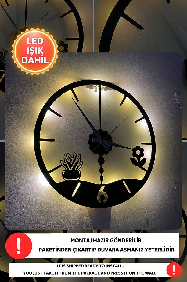 Led Işıklı Mutfak Duvar Saati Sessiz Dekoratif Modern Siyah Ahşap Duvar Saati 40x40cm - 5