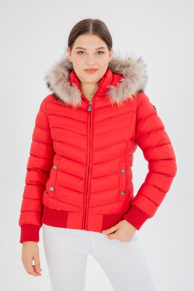 Women's Short Removable Natural Fur Hooded Padded Water Repellent down Jackets 8637