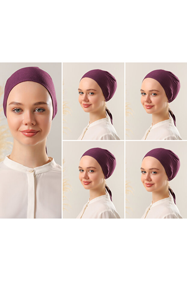 Women's Hijab Seamless Set Bonnet Purple 5 Pieces Tieable Combed Cotton Bonnet