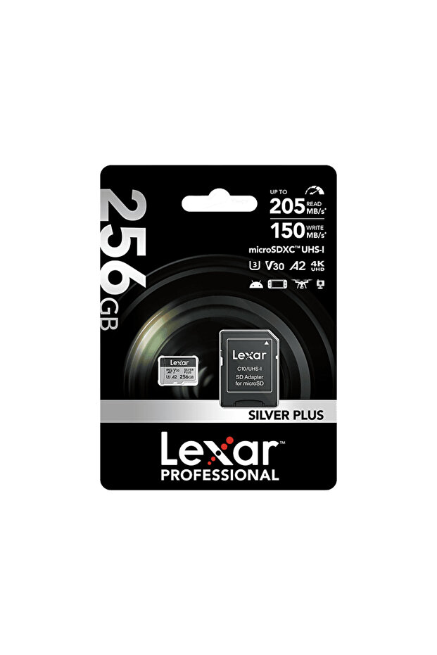 Lexar 256GB Yüksek Performanslı Silver Plus microSDXC UHS-I 205MB/s Okuma 150MB/s Yazma Hafıza Kartı
