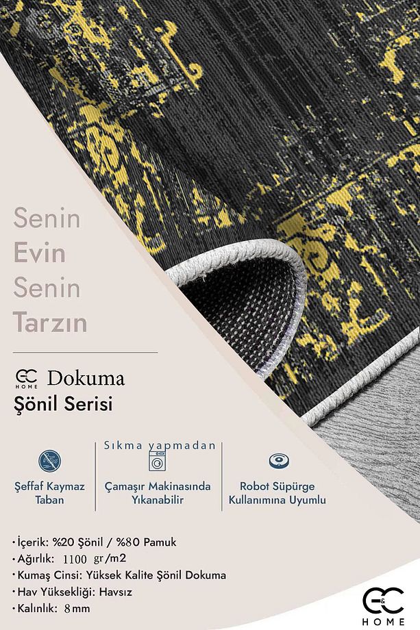 DİJİTAL BASKILI ESKİTME DESENLİ DOKUMA ŞÖNİL SALON MUTFAK OFİS KORİDOR HALISI - 6