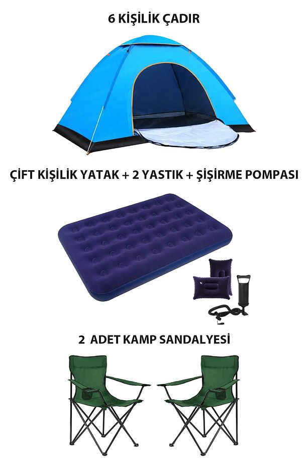 Lüx Kamp Tatil Seti Çadır  2 Adet Sandalye Yatak Yastık - 1