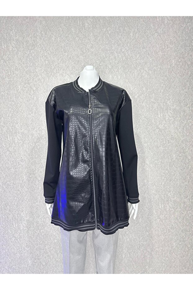 Deri Örme Uzun Ceket-Ribanalı - 4