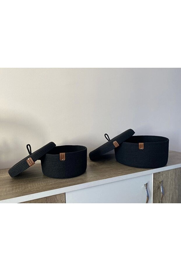 Black Double Lid Basket Set, Cotton Basket Set, Decorative Basket Set, Wicker Basket Set, Cotton Basket