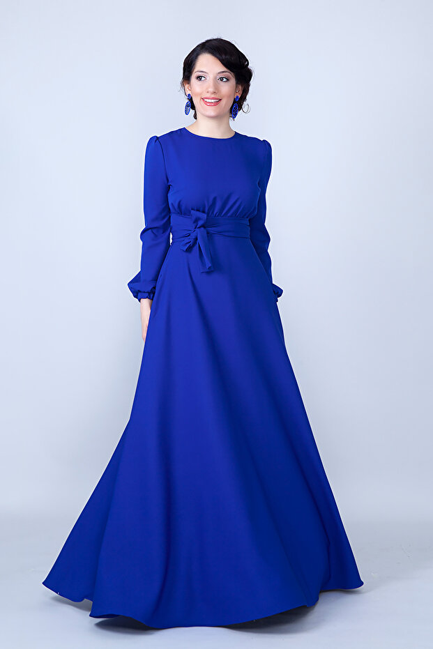 Sax Crew Neck Long Sleeve Woven Fabric Waist Shirred Belted Maxi Length Invitation & Evening Dress with Pockets