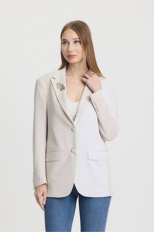 Krem Colorblock Blazer Ceket - 4