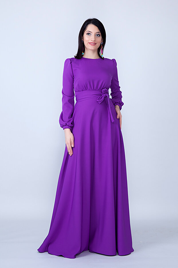 Purple Crew Neck Long Sleeve Woven Fabric Waist Drawstring Belted Maxi Length Invitation & Evening Dress with Pockets