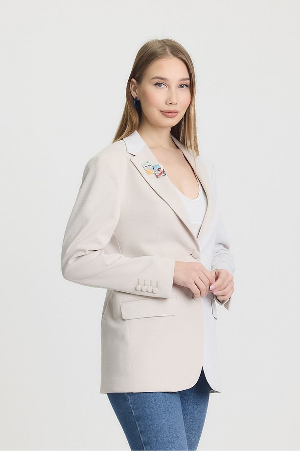 Krem Colorblock Blazer Ceket - 5