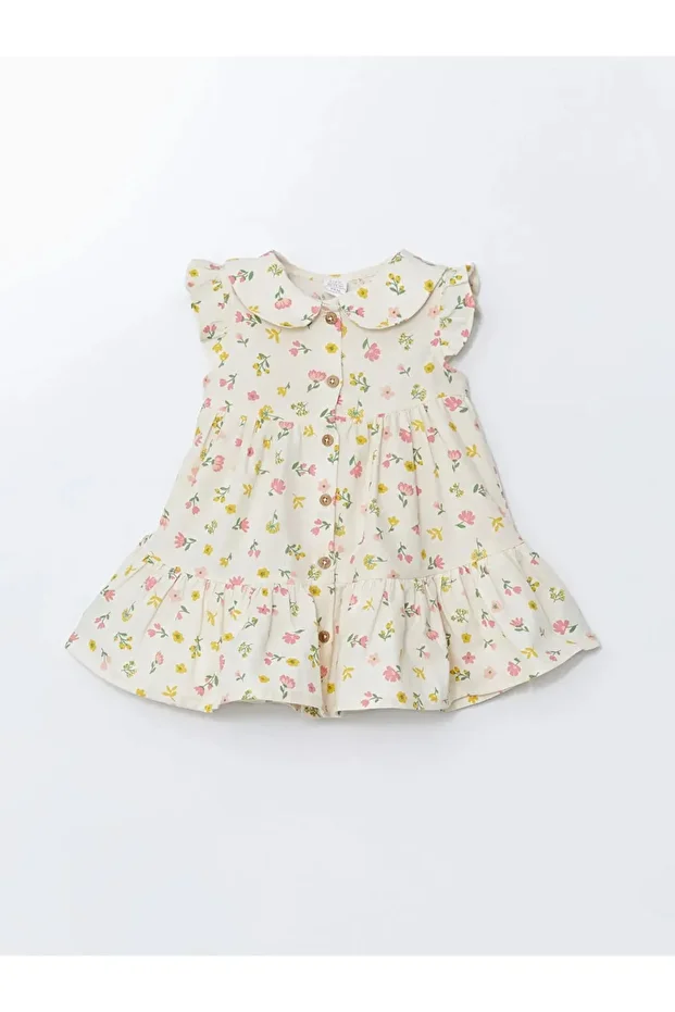 LCW baby Ekru Bebe Yaka Çiçekli Kız Bebek Elbise - 1