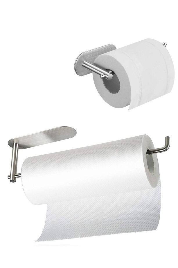 Paslanmaz Çelik Yapışkanlı Kağıt Havluluk - Tuvalet Kağıtlığı SET  INOX - 1