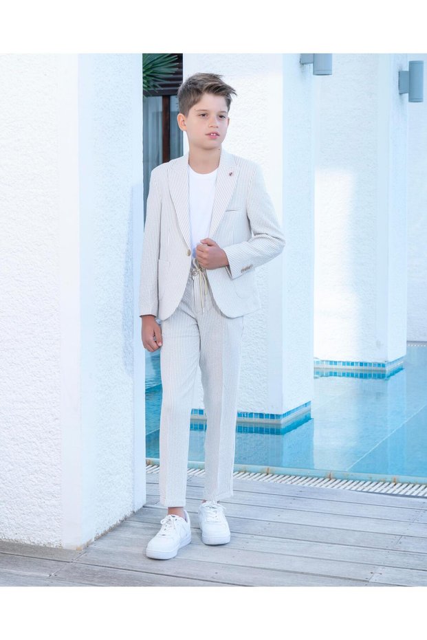 Boy's Beige Suit Gofi Sports Suit 3-14 Years Old Jacket Pants T-Shirt 3-14 Years Old