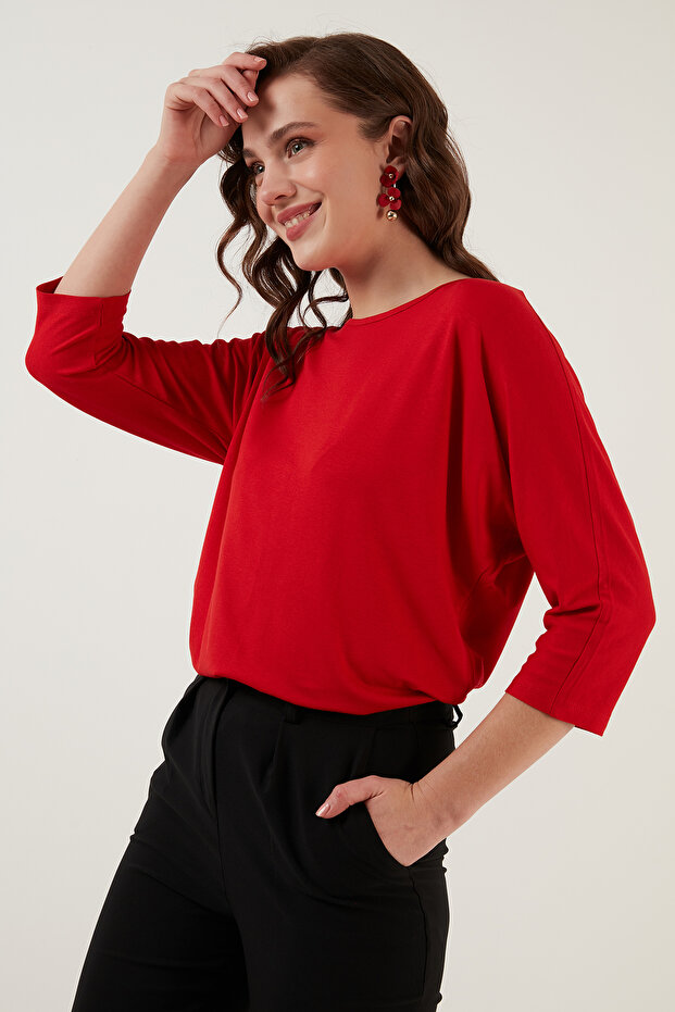 Crew Neck Three Quarter Sleeve Blouse Bluz 5861416 Y