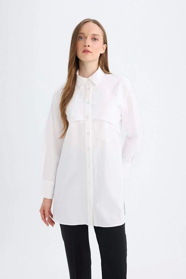 D4773 Relax Fit Gömlek Yaka Poplin Basic Düz Uzun Kollu Beyaz Gömlek Tunik - 4