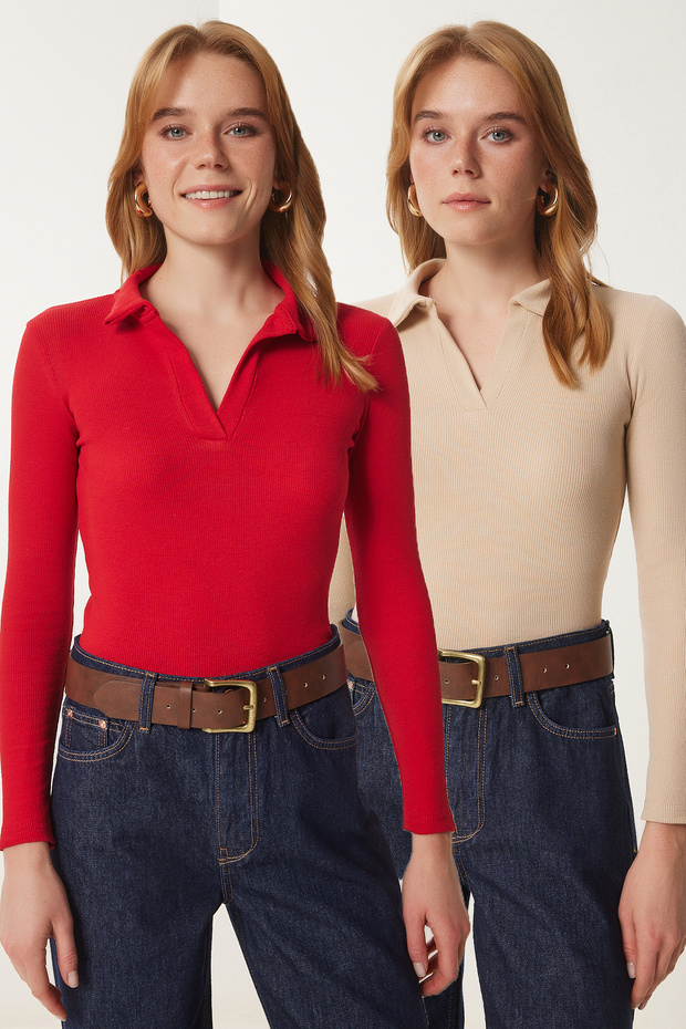 Polo Neck Ribbed 2 Pack Knitted Blouse Cream Red Lgt0033