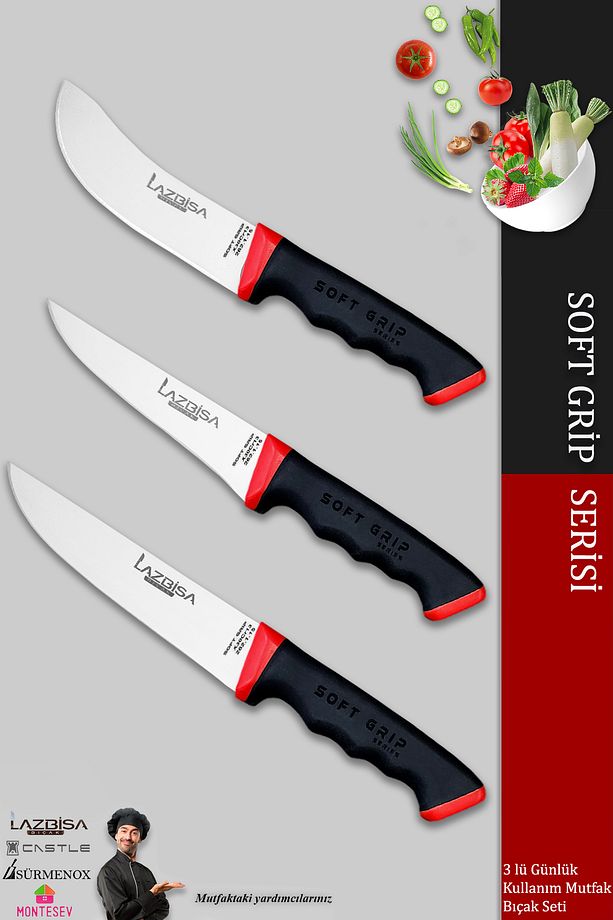Soft Grip Mutfak Bıçak Seti Et Ekmek Sebze Bıçağı 3 Lü Set Günlük Kullanım ( Mtf-051 ) - 1