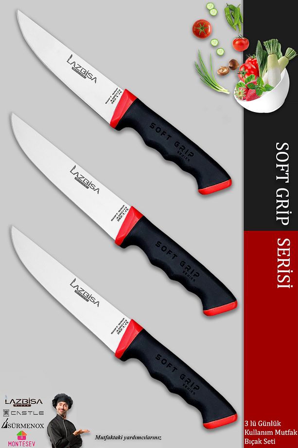 Soft Grip Mutfak Bıçak Seti Et Ekmek Sebze Bıçağı 3 Lü Set Günlük Kullanım ( Mtf-052 ) - 1