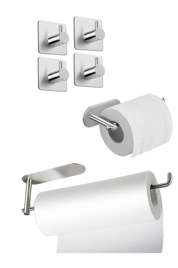Paslanmaz Çelik Yapışkanlı Kağıt Havluluk - Tuvalet Kağıtlığı - 4 Adet Askılık SET INOX - 1