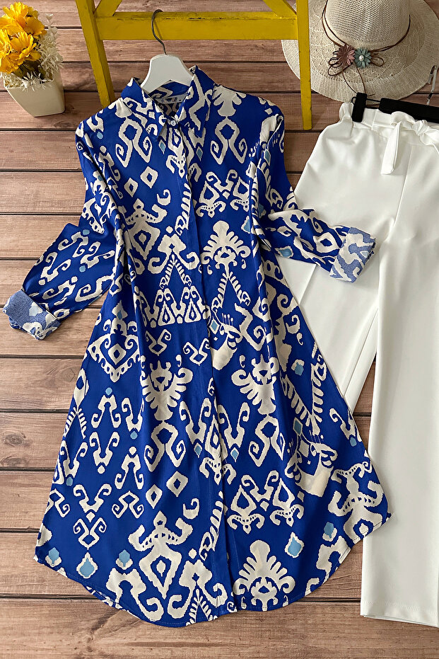 Ethnic Patterned Viscose Tunic - Blue - 1