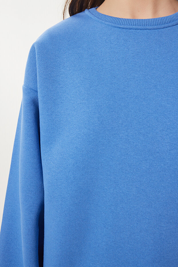 Oversize Şardonlu Basic Sweatshirt GÖK MAVİ LOW0001 - 5