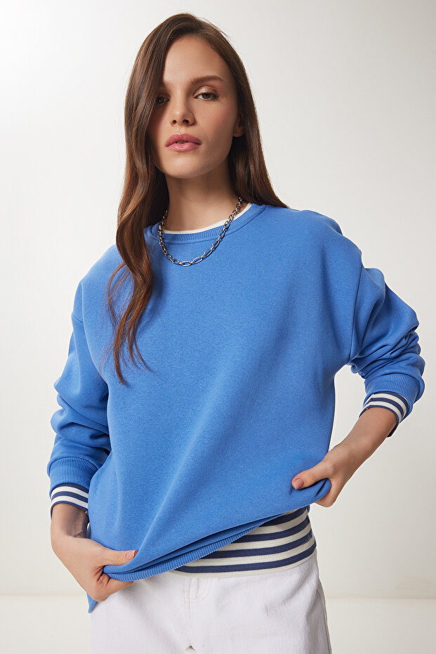 Oversize Şardonlu Basic Sweatshirt GÖK MAVİ LOW0001 - 2