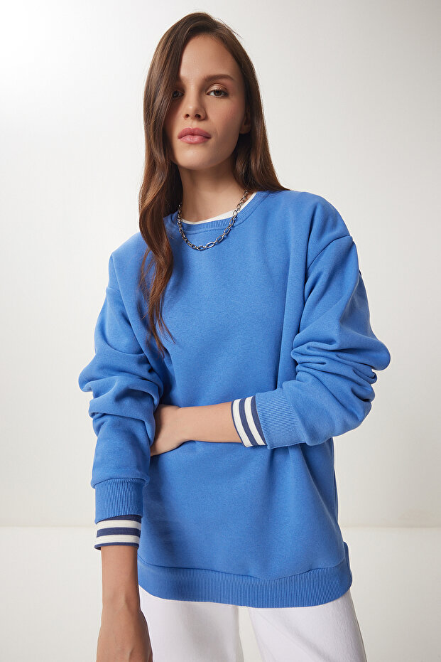 Oversize Şardonlu Basic Sweatshirt GÖK MAVİ LOW0001 - 3