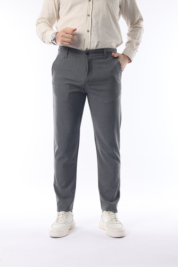 Men's Straight Cut Fabric Trousers Flexible Lycra Ankle Length Gray - Skinny & Normal Waist