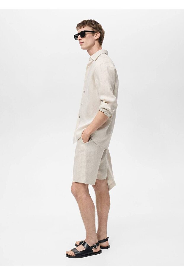 Dar kesim %100 keten bermuda şort - 8