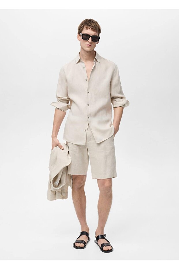 Dar kesim %100 keten bermuda şort - 2