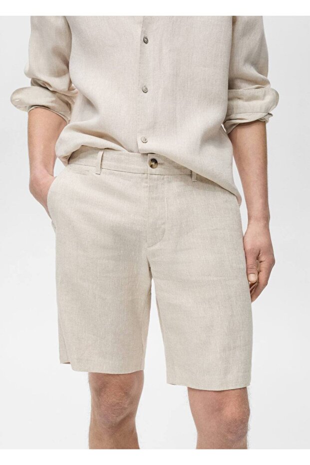 Dar kesim %100 keten bermuda şort - 7