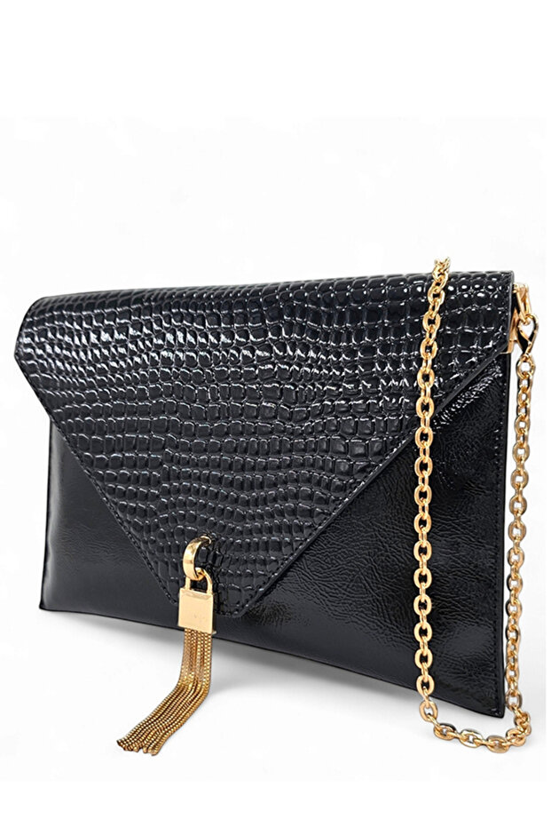 Black Patent Leather Drop Pattern Chain Strap Women's Portfolio & Clutch Bag (29 X 19 cm)