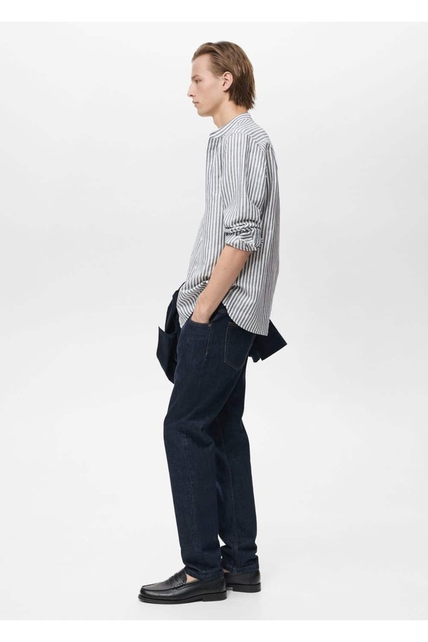 Rahip yaka çizgili keten gömlek - 7