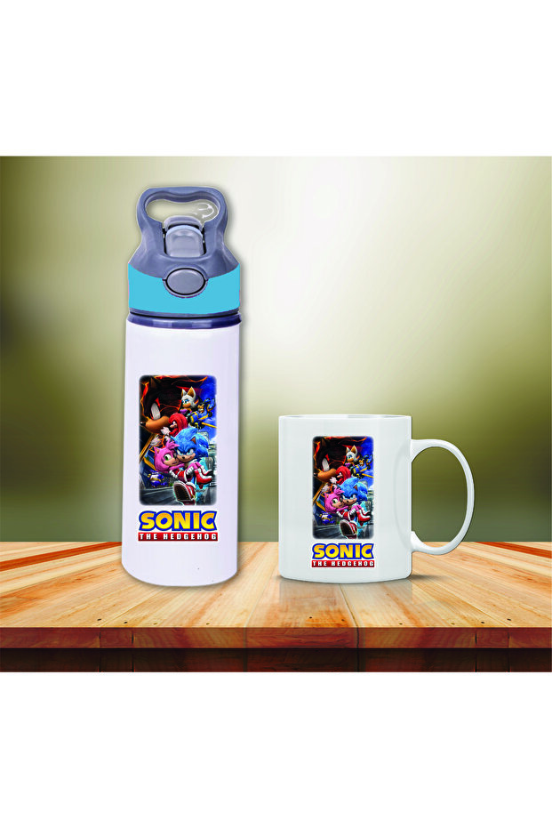 Sonic Printed Metal Water Bottle with Straw and Mug Cup-009