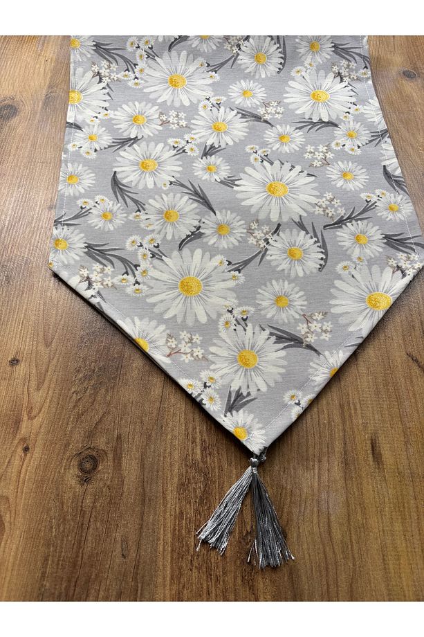 Gri Papatya Desenli Duck Keten Runner | 40x140 cm | Su Geçirmez Kirlenmez Masa Örtüsü - 2