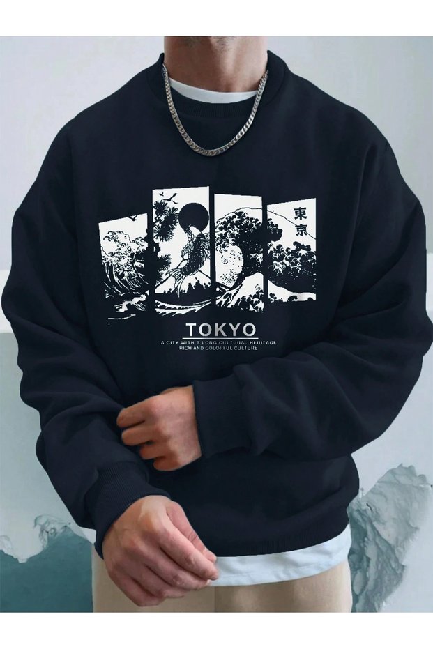 Men's Navy Blue Tokyo Printed Crew Neck Oversize Sweatshirt