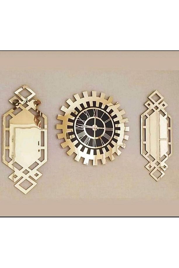 Xl 3 lu set Pleksi Gold Ahşap Duvar Saati - 1