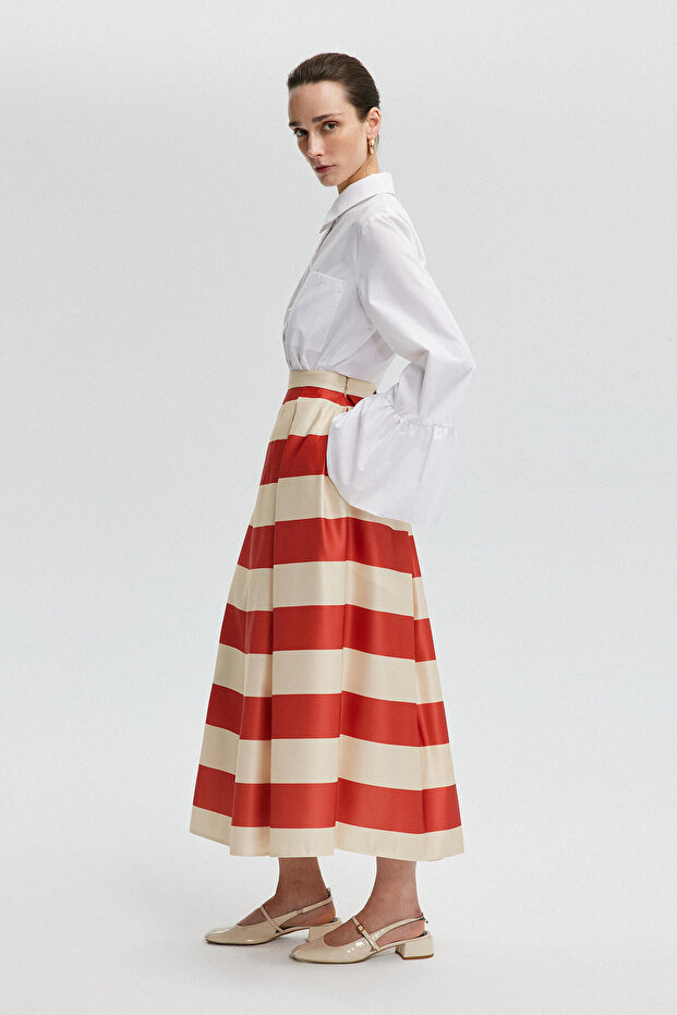 STRIPED MATTE SATIN FLOUSH SKIRT