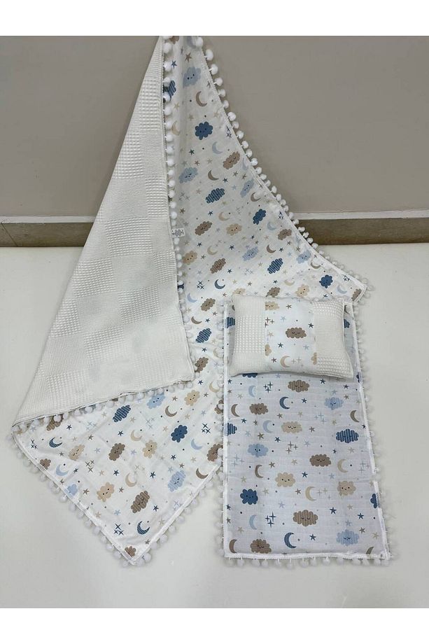 Hayvan Desenli Müslin Alt Açma , Yastık ve Battaniye 3'lü Set 40 x 70 Tek Ebat Pamuk Beyaz - 1