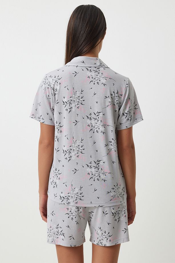 Desenli Viskon Şort Gömlek Pijama Takımı GRİ LEC0001 - 5