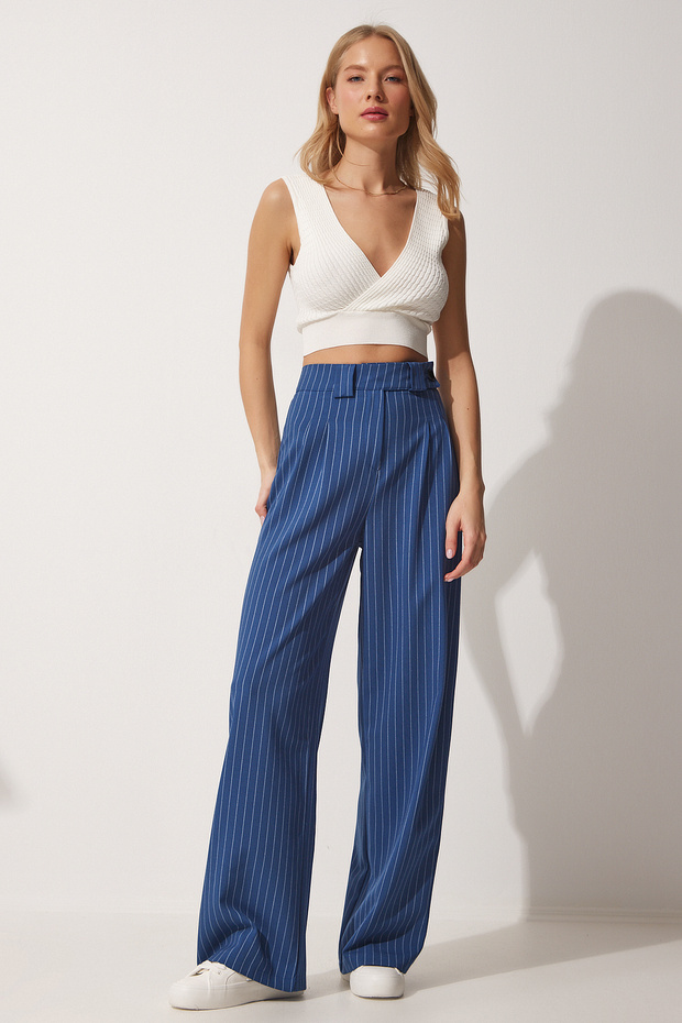 Pleated Wide Leg Trousers Dark Blue Lgk0002