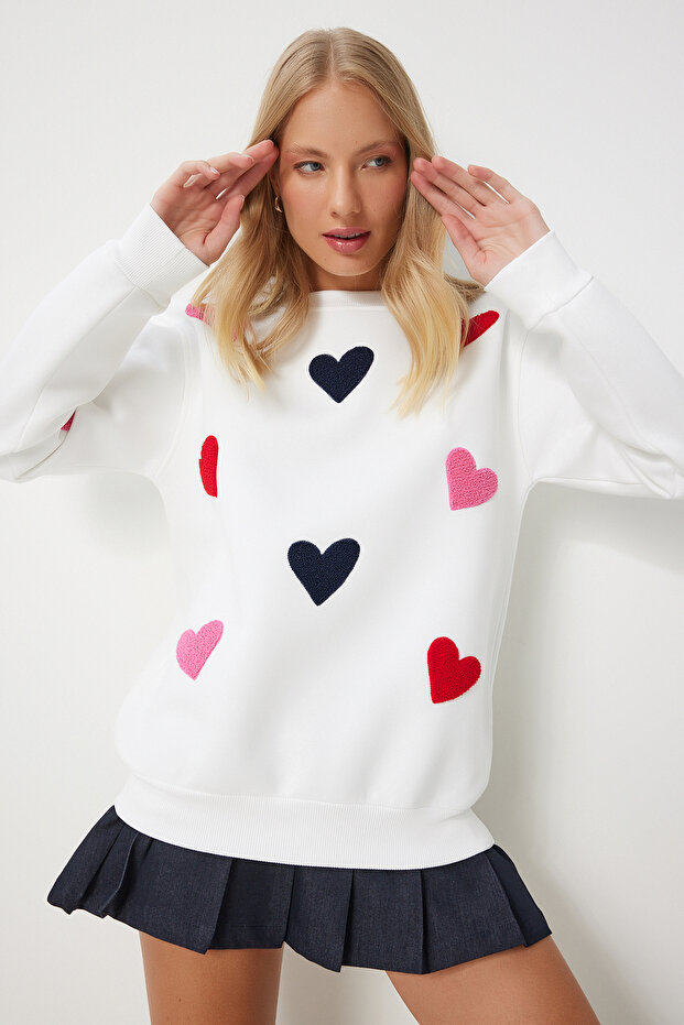 Heart Textured Rose Gold Knitted Sweatshirt Ecru Lnj0016