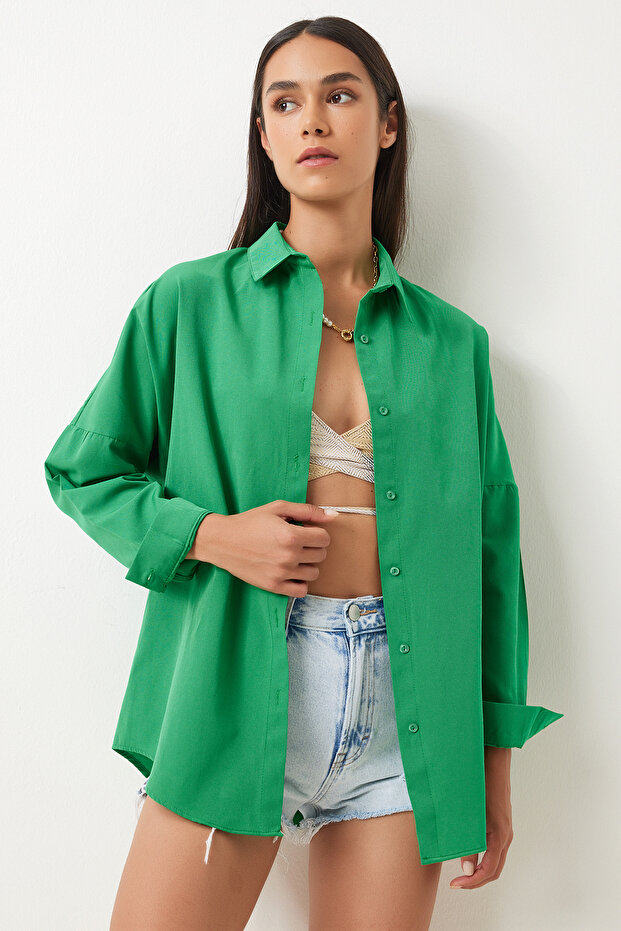 Oversize Basic Gömlek CANLI YEŞİL LDD0003 - 2