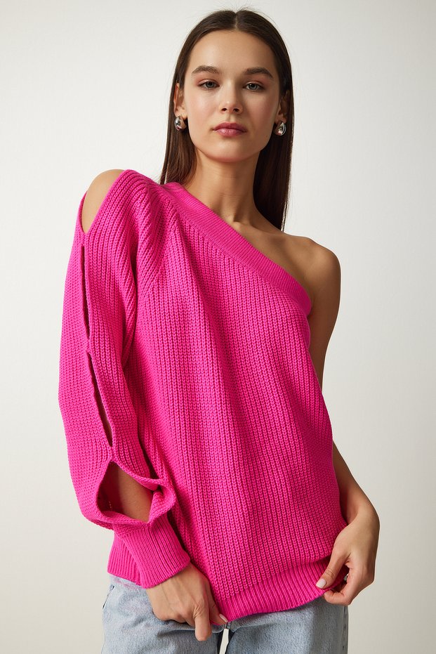 Window Detailed Single Sleeve Knitwear Sweater Fuchia Lpf0035